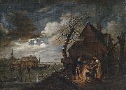 Aert van der Neer Hollandische Kanallandschaft bei Mondschein mit Schlittschuhlaufern und einem Lagerfeuer, an dem sich Bauern warmen oil painting artist